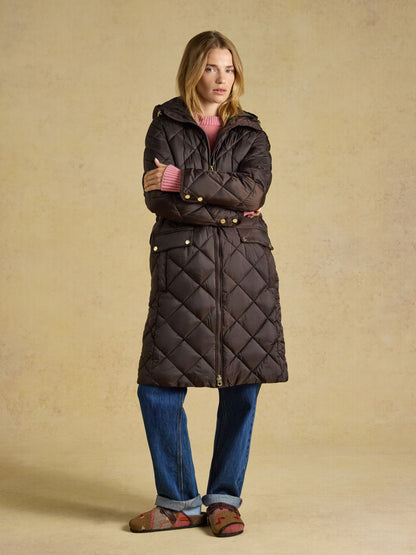 Joules Women's Chessington Chocolate Brown Longline Warm Hooded Quilted Showerproof Coat