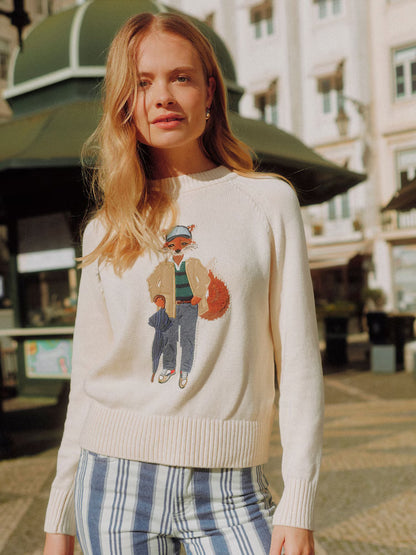 Joules April Showers Cream Jonty Fox Embroidered Cotton-Rich Crew Neck Jumper