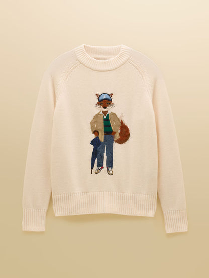 Joules April Showers Cream Jonty Fox Embroidered Cotton-Rich Crew Neck Jumper