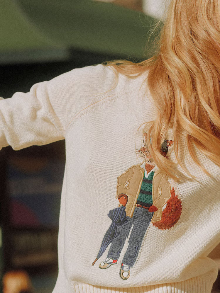 Joules April Showers Cream Jonty Fox Embroidered Cotton-Rich Crew Neck Jumper