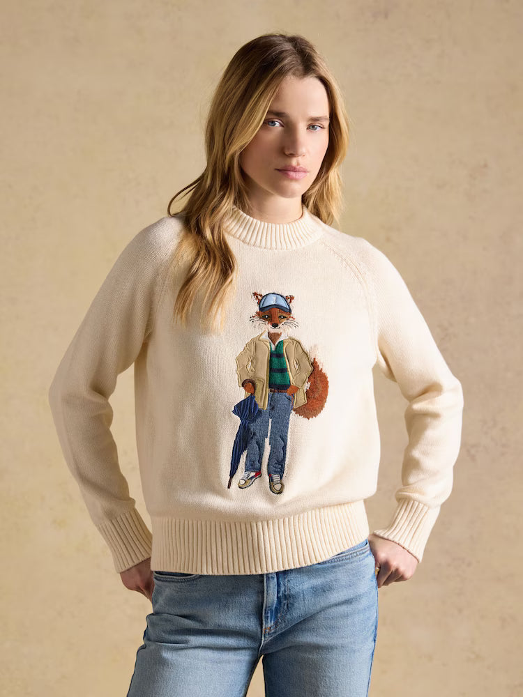 Joules April Showers Cream Jonty Fox Embroidered Cotton-Rich Crew Neck Jumper