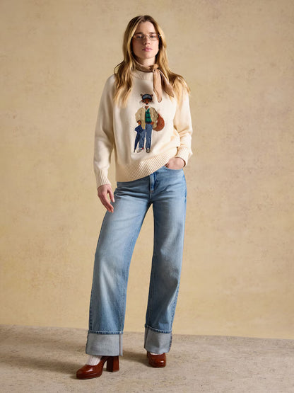 Joules April Showers Cream Jonty Fox Embroidered Cotton-Rich Crew Neck Jumper