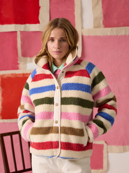 Joules Cream Multi Bright Striped Borg Fleece Jacket | Equiflair