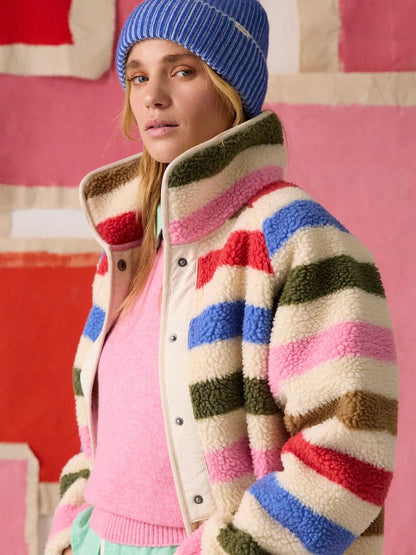 Joules Cream Multi Bright Striped Borg Fleece Jacket | Equiflair