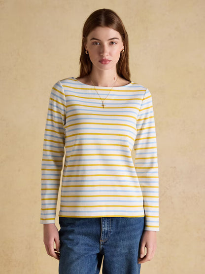 Joules Harbour Blue/Yellow Boat Neck 100% Cotton Long Sleeve Breton Top