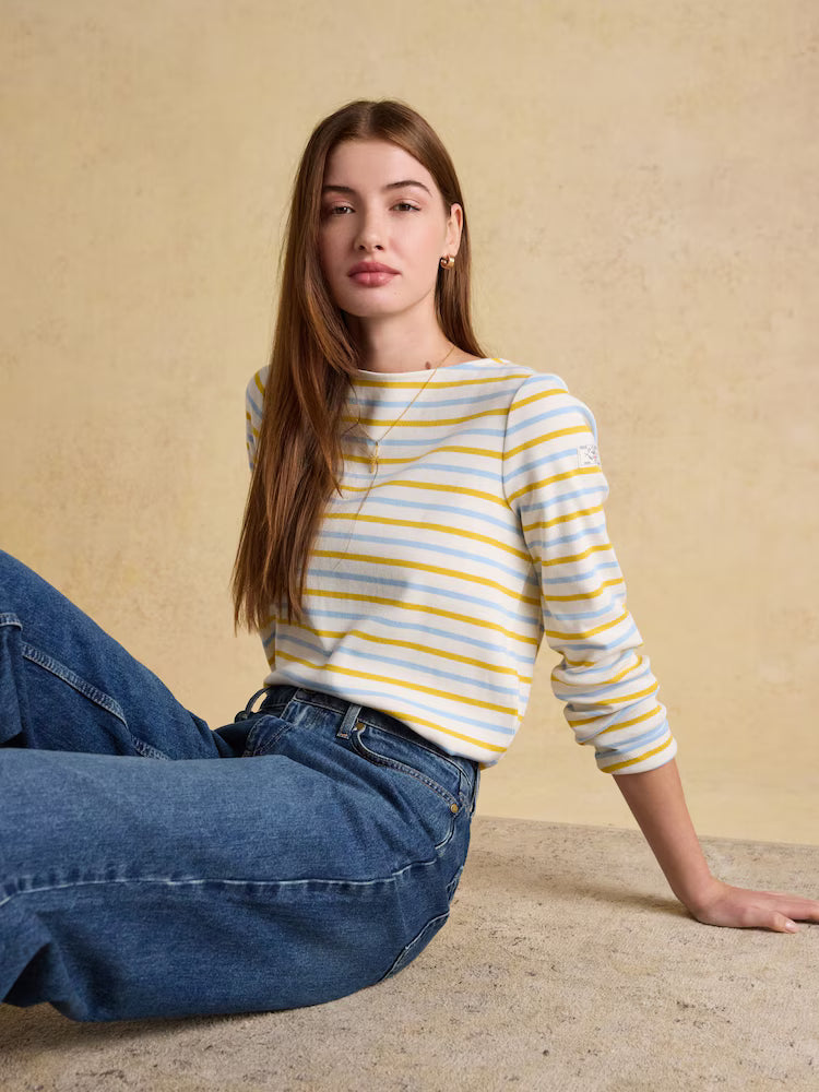 Joules Harbour Blue/Yellow Boat Neck 100% Cotton Long Sleeve Breton Top