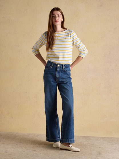 Joules Harbour Blue/Yellow Boat Neck 100% Cotton Long Sleeve Breton Top