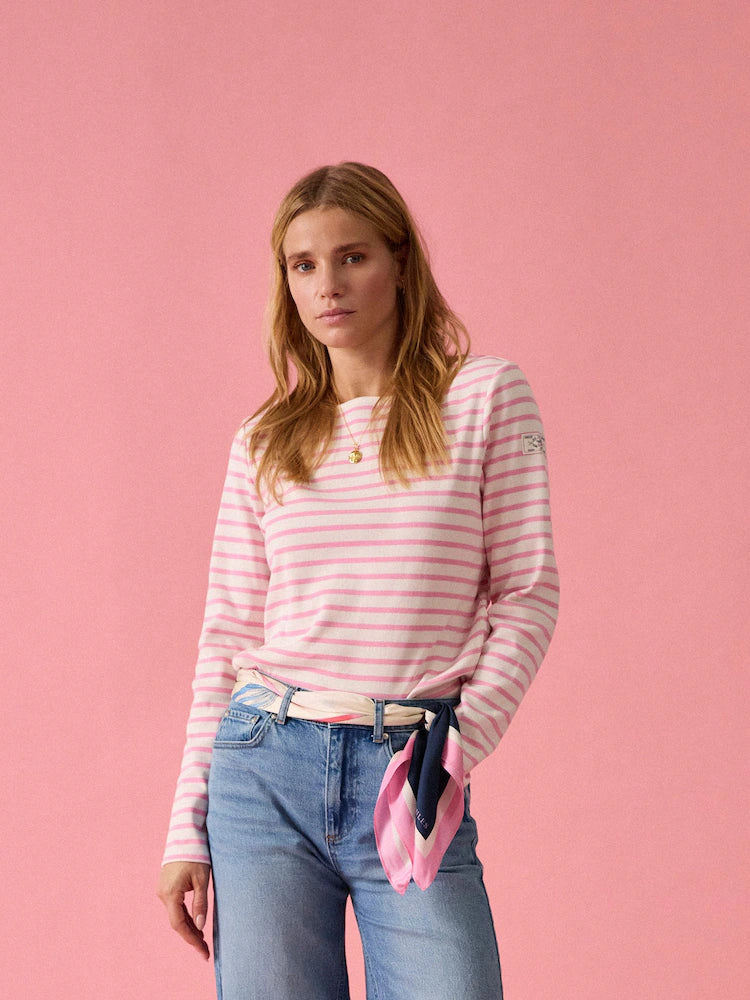 Joules Harbour Cream & Pink Striped Boat Neck Long Sleeve Breton Top