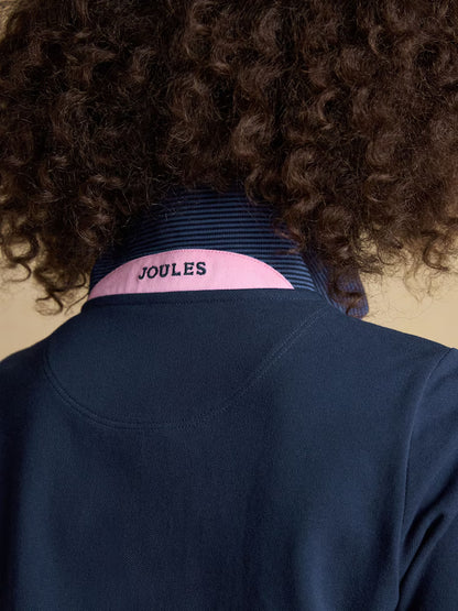 Joules Navy Polo Shirt Back View: Women's Cotton Pique Short Sleeve with Branded Collar and Striped Detail.