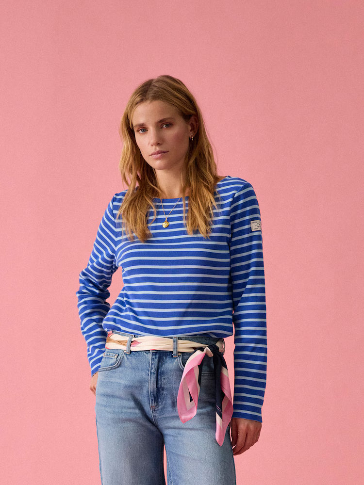 Joules Harbour Dark Blue/Sky Blue Striped Boat Neck Long Sleeve Breton Top