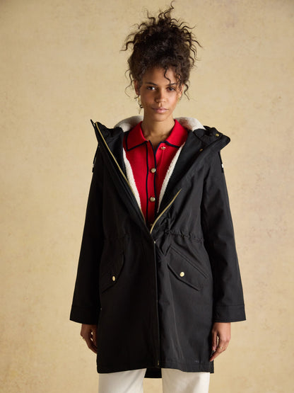 Joules Portwell Black Raincoat: Waterproof, fleece-lined, hooded, mid-length coat for ultimate protection.
