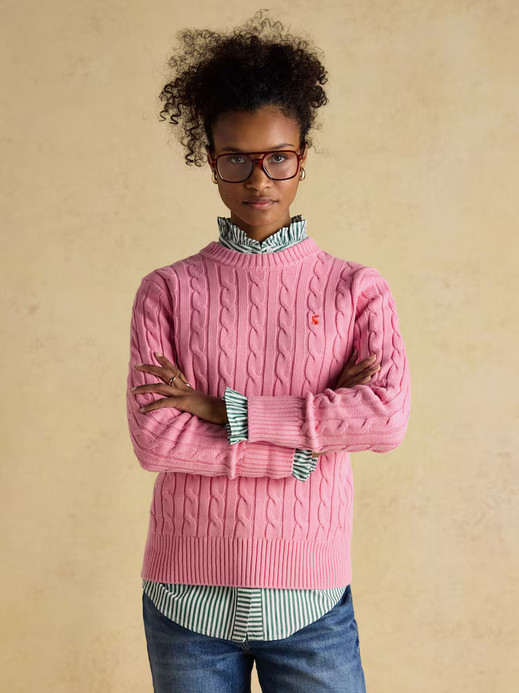 Joules Classic Cable Pink Cotton Crew Neck Jumper