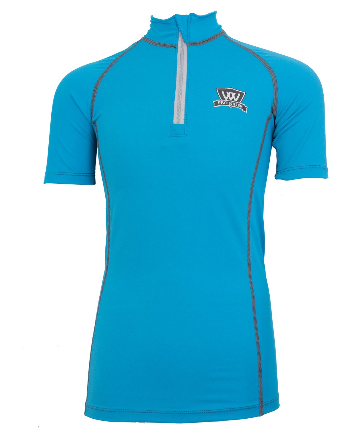 WOOF WEAR Turquoise Young Rider Pro Riding Shirt. Short Sleeve Equestrian Apparel with iFlex fabric, half zip. For Youth Riders.