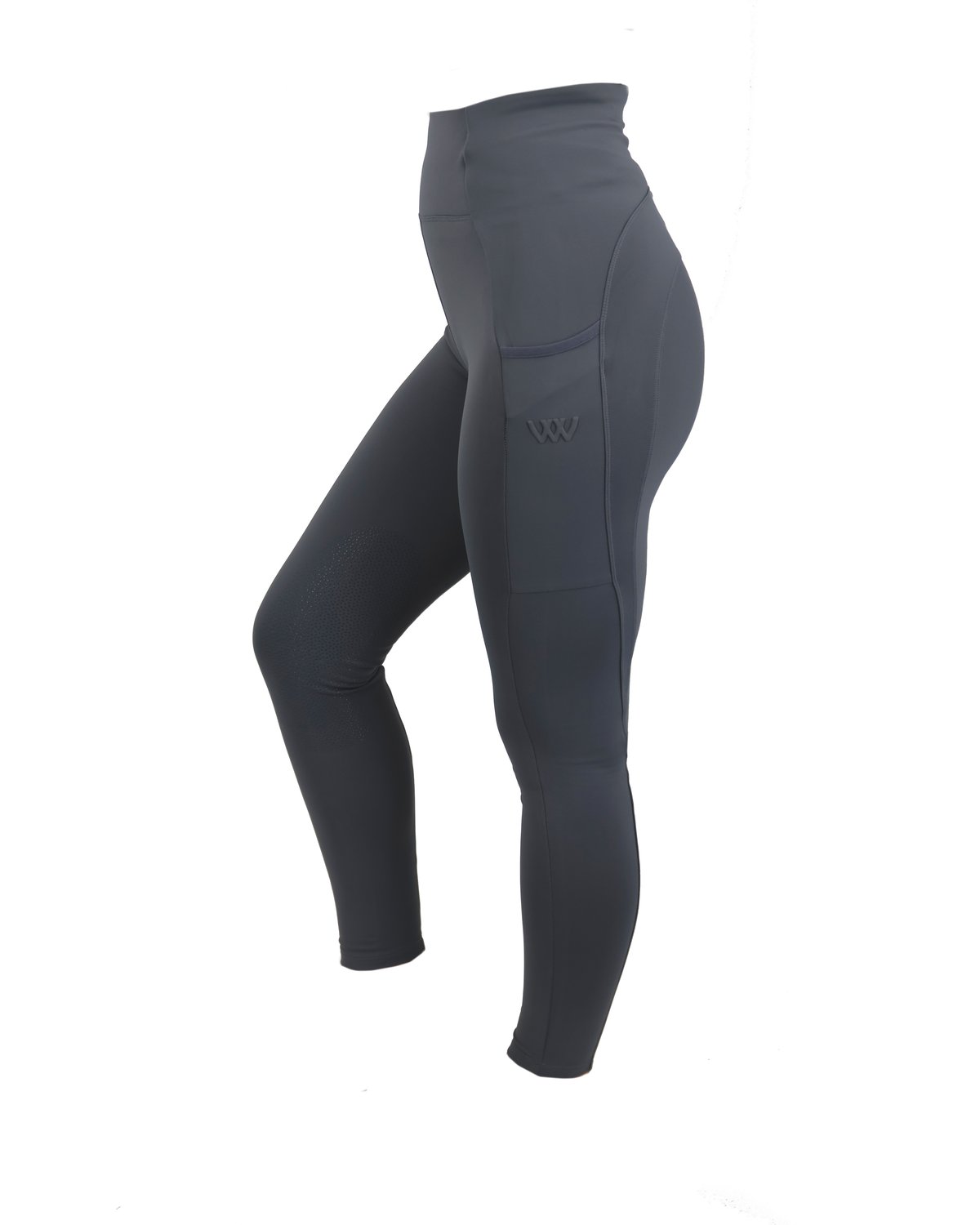 Woof Wear riding tights: slate gray equestrian leggings with knee patch & phone pocket. Stylish riding apparel.