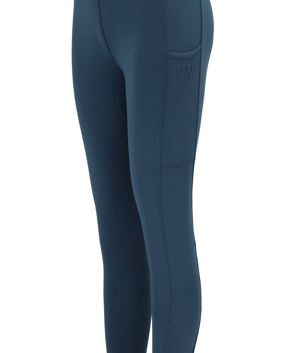 WOOF WEAR VISION RIDING TIGHTS - Petrol Blue. Equestrian Full Seat Tights with Phone Pocket.