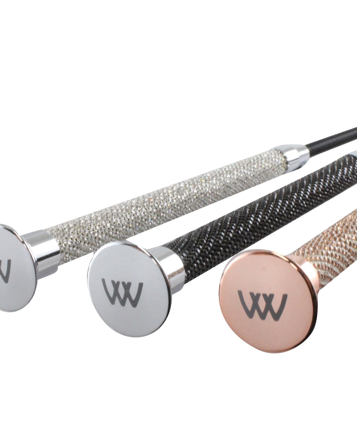 Woof Wear Glitz Dressage Whips: Silver, Black, and Rose Gold. Crystal handle equestrian whips with branded end caps.