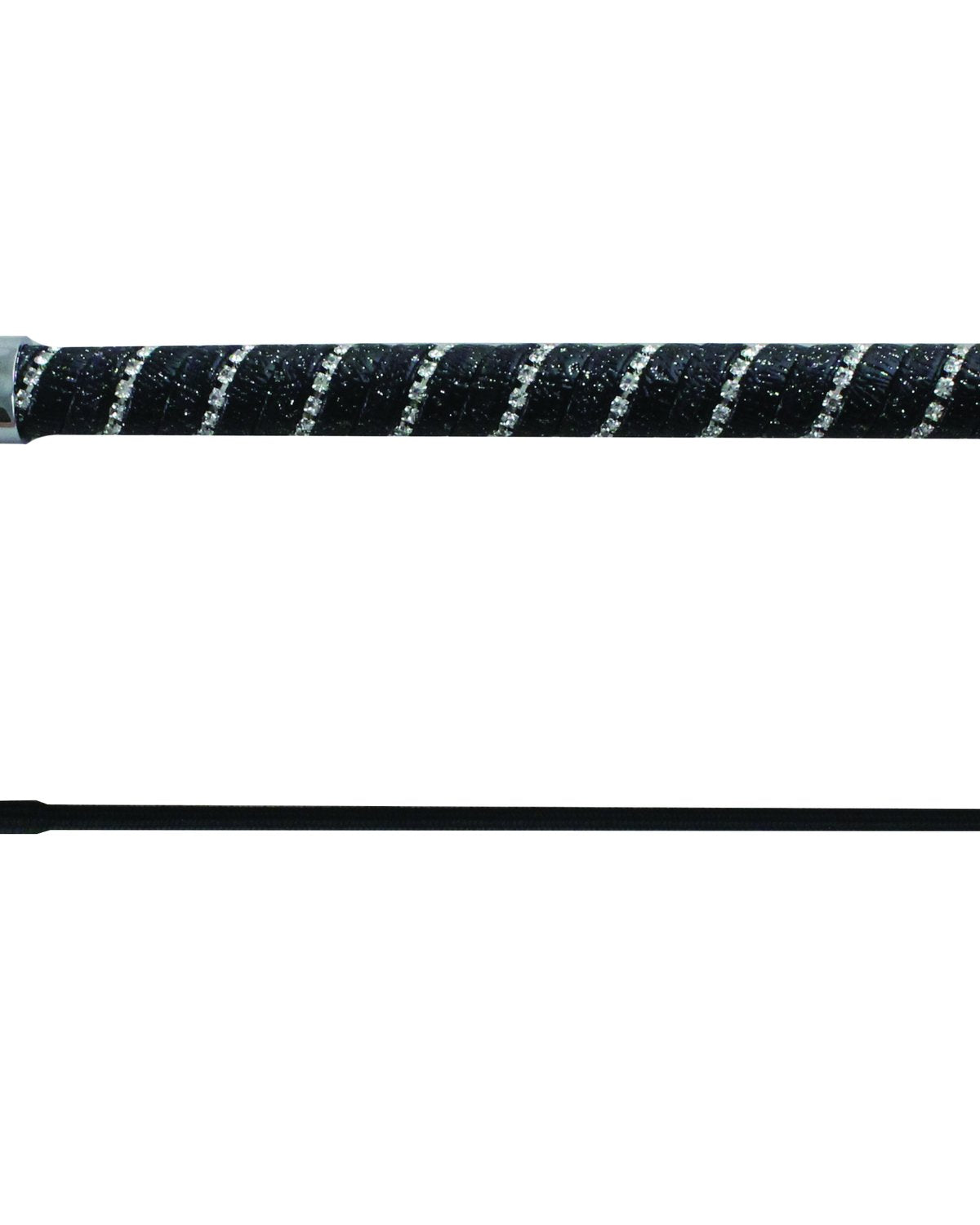 Woof Wear dressage whip, black and silver with sparkly twisted grip. Dressage riding equipment.