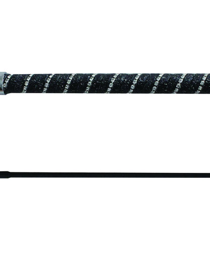 Woof Wear dressage whip, black and silver with sparkly twisted grip. Dressage riding equipment.