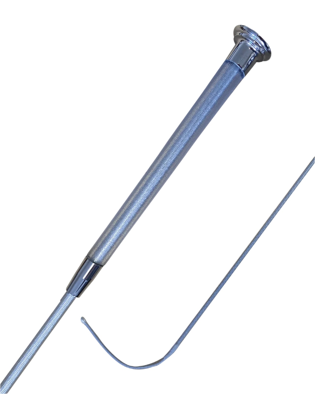 Woof Wear Gel Dressage Whip - Brushed Steel. Silver riding whip with gel grip and flick for dressage. Riding equipment, equestrian