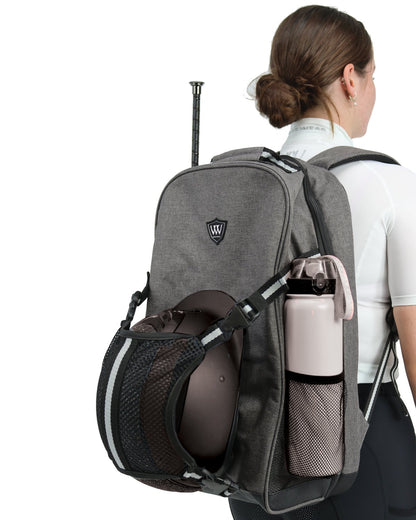Woof Wear Riders Backpack - Grey/Black equestrian backpack with helmet & whip holders for competitions. Shop at Equiflair!