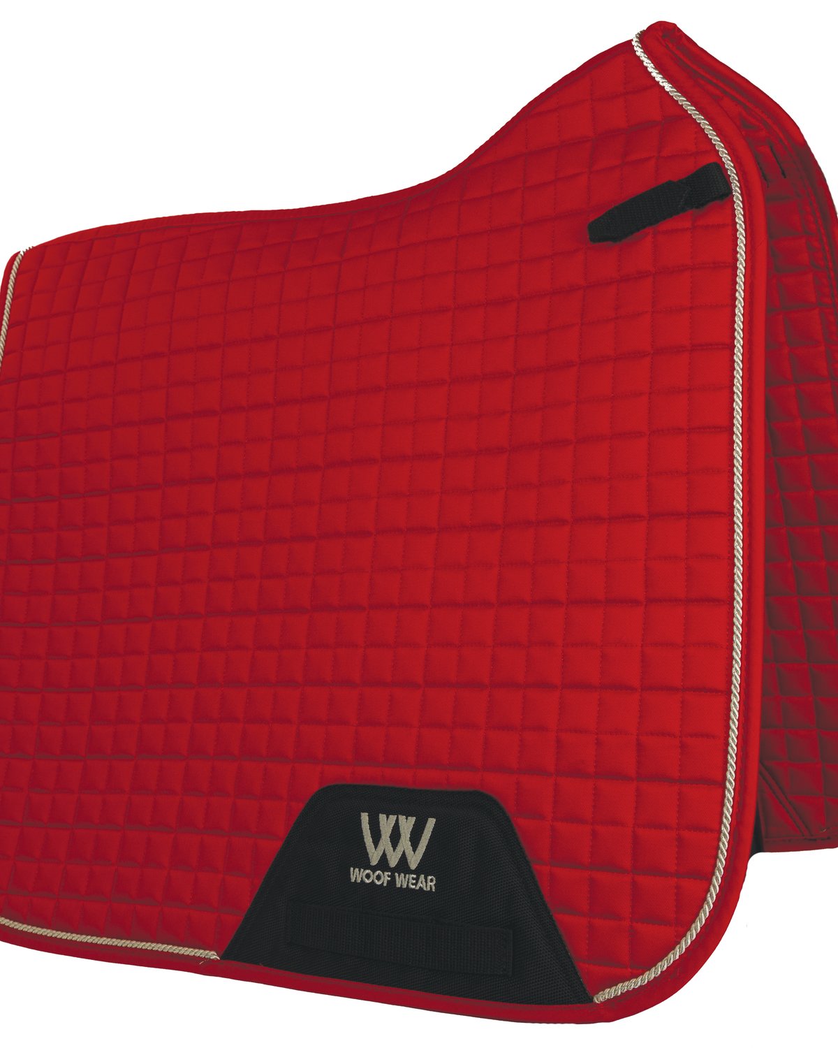Woof Wear Dressage Saddle Pad - Royal Red. High Wither Design, Polycotton Fabric, Girth Strap Loops & Silver Rope Binding.