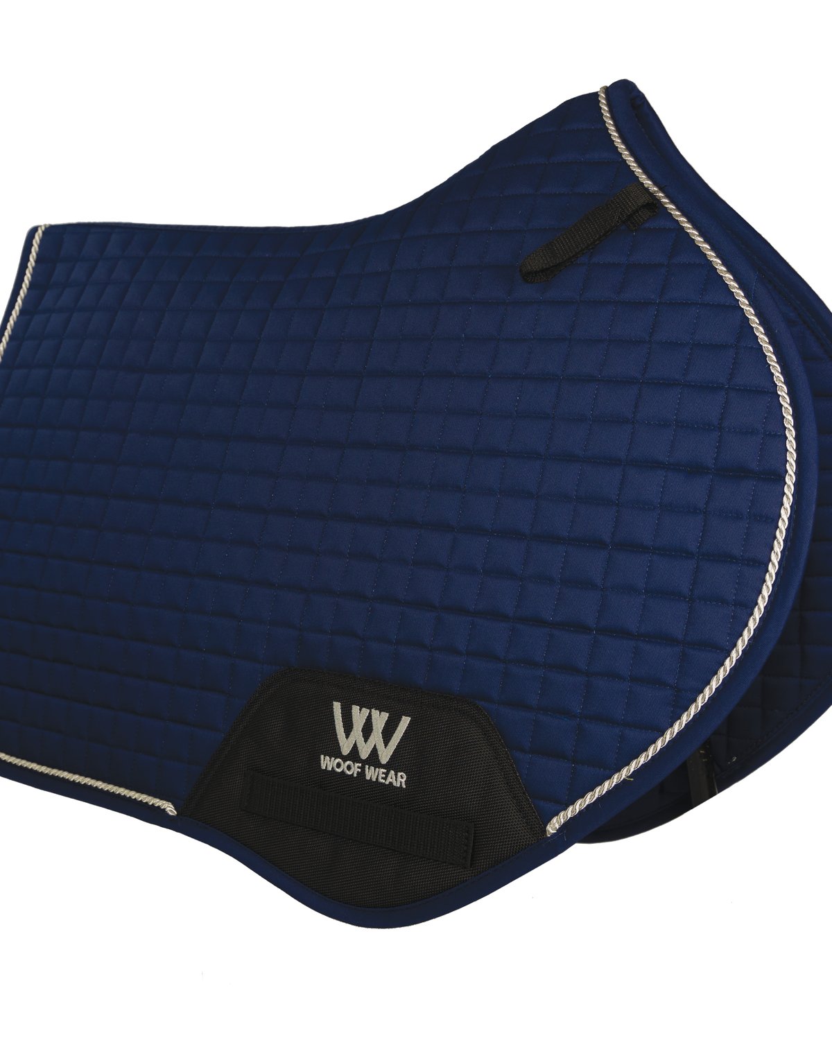WOOF WEAR Close Contact Saddle Pad - Navy Blue. Equestrian Horse Riding Saddle Cloth with Silver Rope Binding.