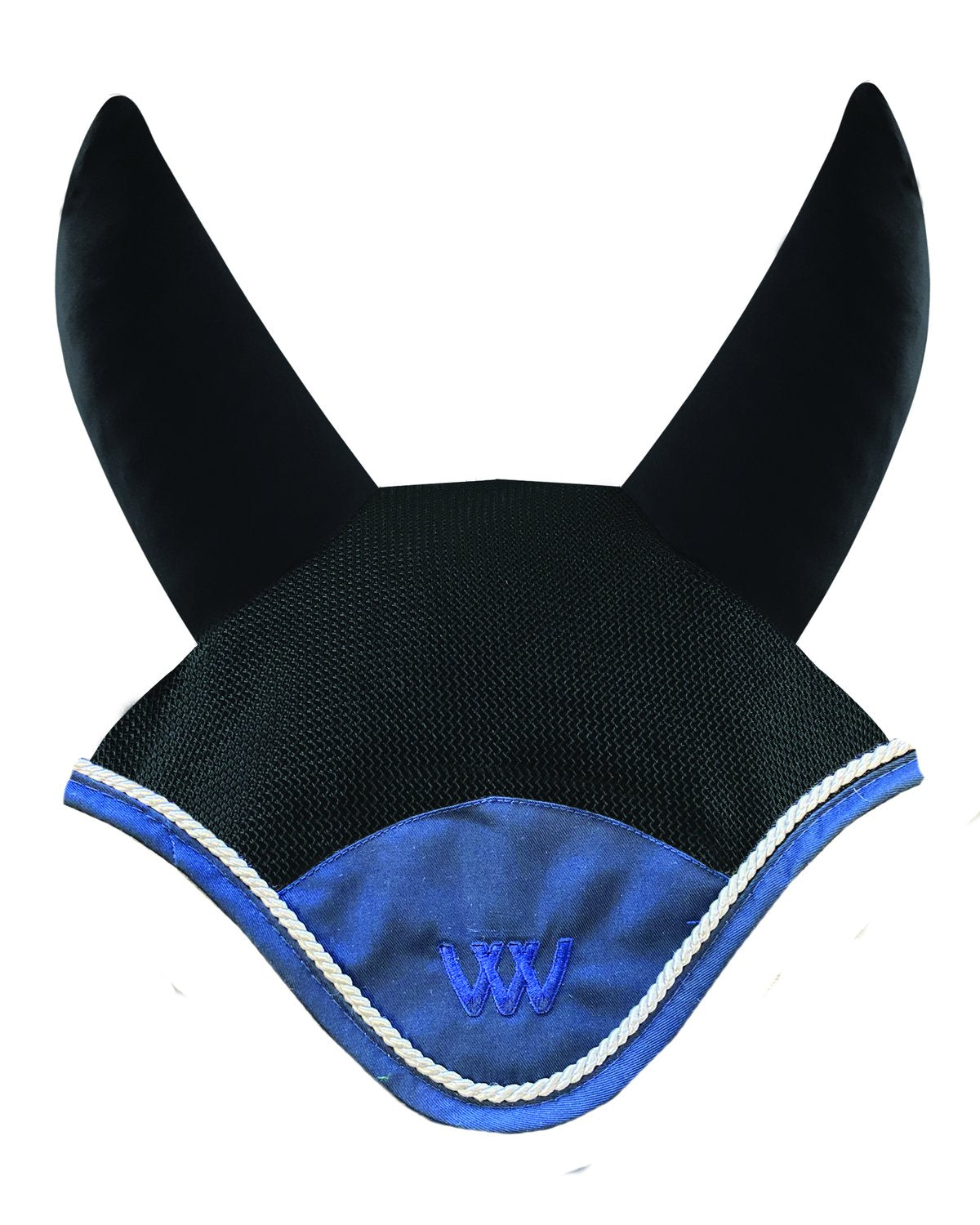 WOOF WEAR Fly Veil Black Navy - Ergonomic Horse Fly Mask with Mesh Design & Silver Rope Binding for Equestrian Comfort