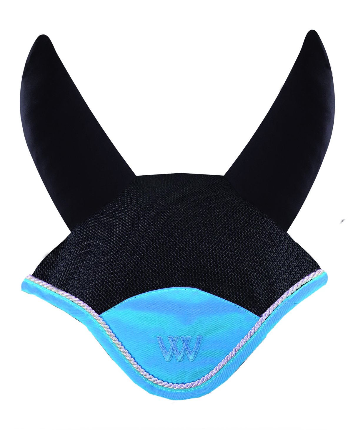 Woof Wear Fly Veil: Black mesh horse fly mask with turquoise trim & silver rope detail. Comfortable, breathable horse ear net.