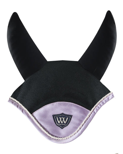 Woof Wear Vision Fly Veil Lilac: Comfortable horse ear net with breathable mesh, contrasting silver rope binding, perfect for riding.