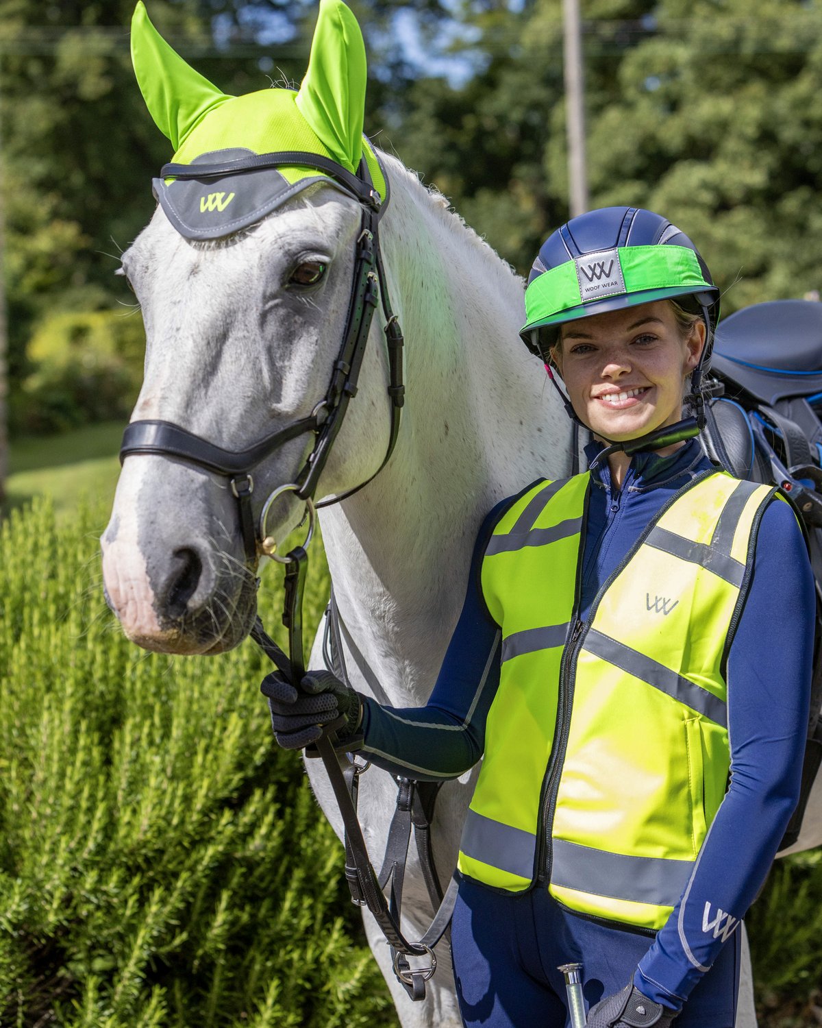 WOOF WEAR Hi Viz Fly Veil: Horse fly protection, high visibility lime, for safety and comfort, worn by rider