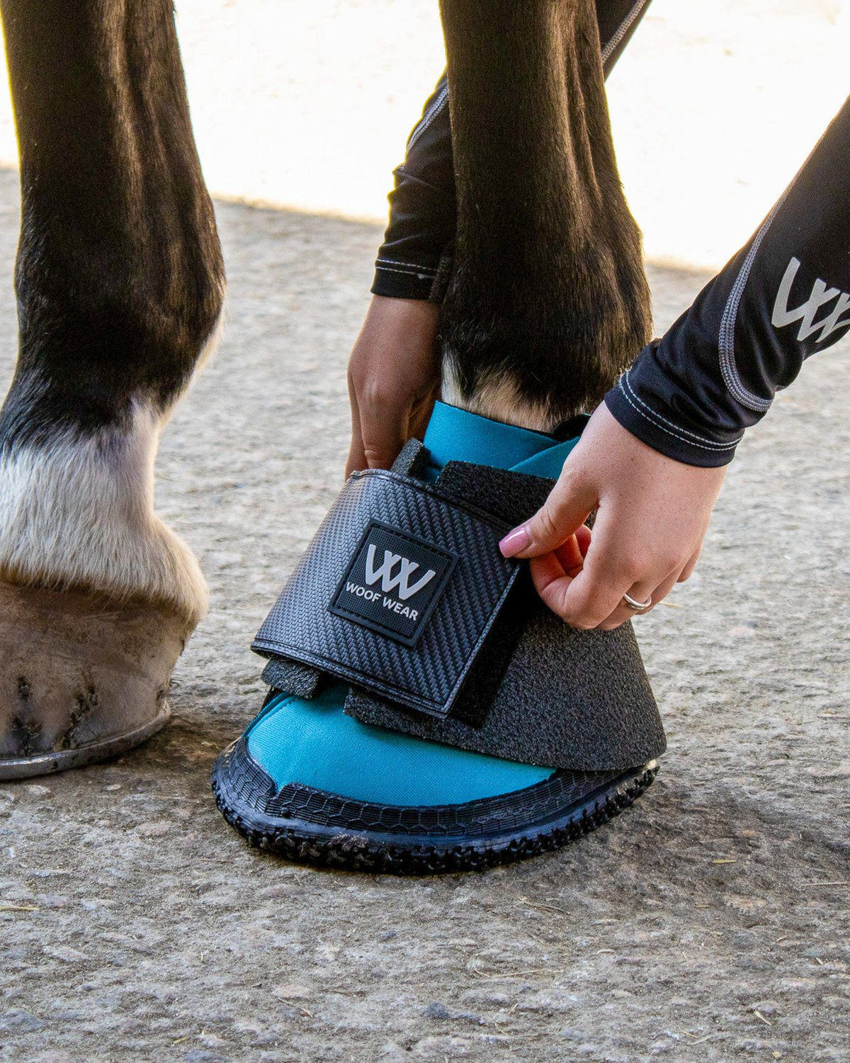 Woof Wear Ultra Overreach Boot being fitted on horse hoof - Kevlar protection, Equiflair