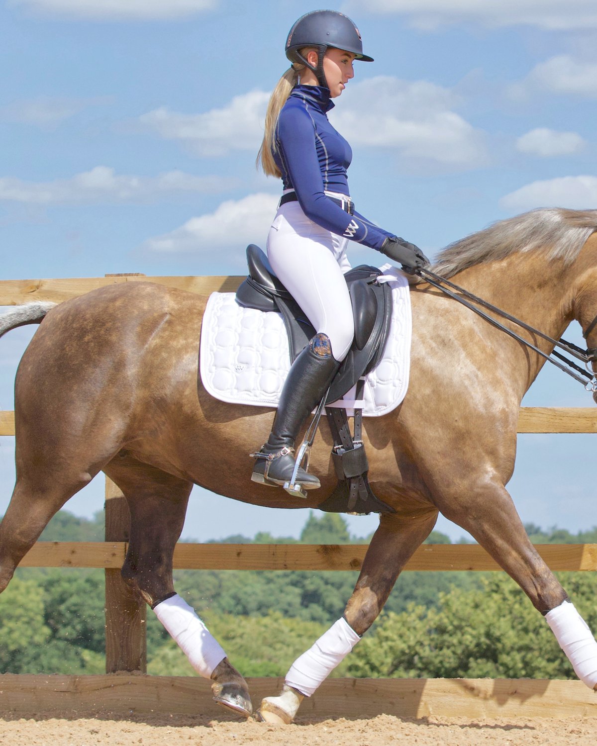 Equestrian Dressage: Woman on Horse Wearing Woof Wear White Polo Bandages | Horse Riding
