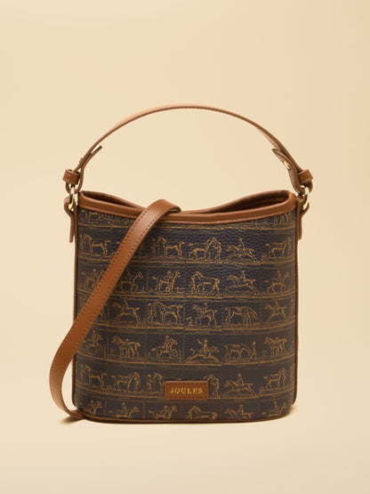 Joules navy brown horse print bucket bag with faux leather handle and crossbody strap