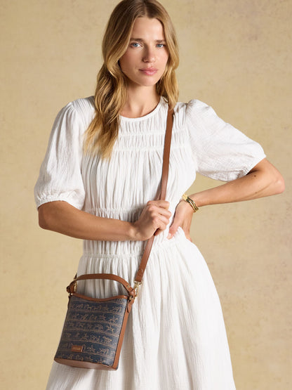 Joules Navy & Brown Horse Print Bucket Bag for Women | Stylish Equestrian Crossbody Accessory
