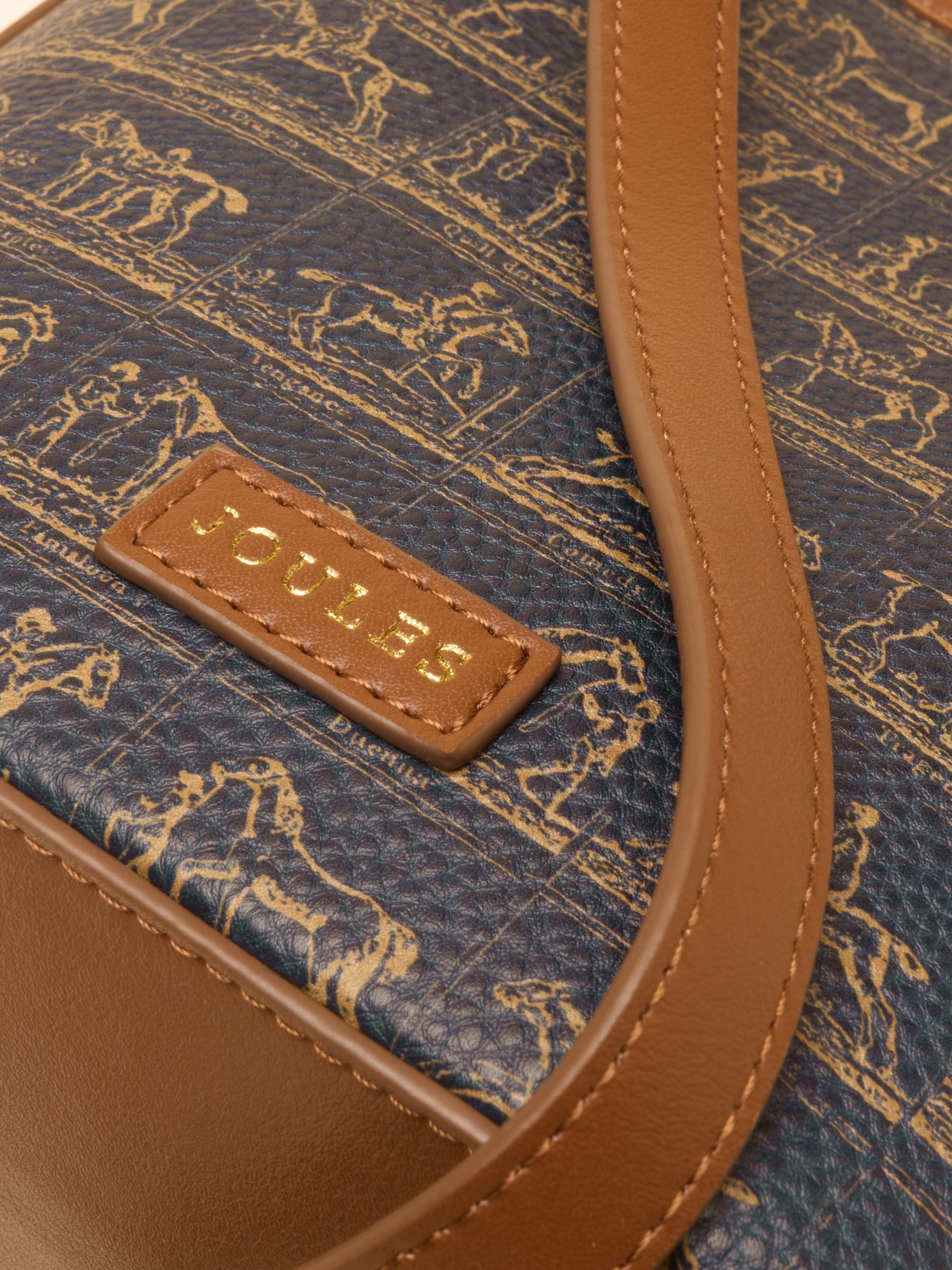 Joules navy & brown horse print bucket bag with logo detail and faux leather trim.