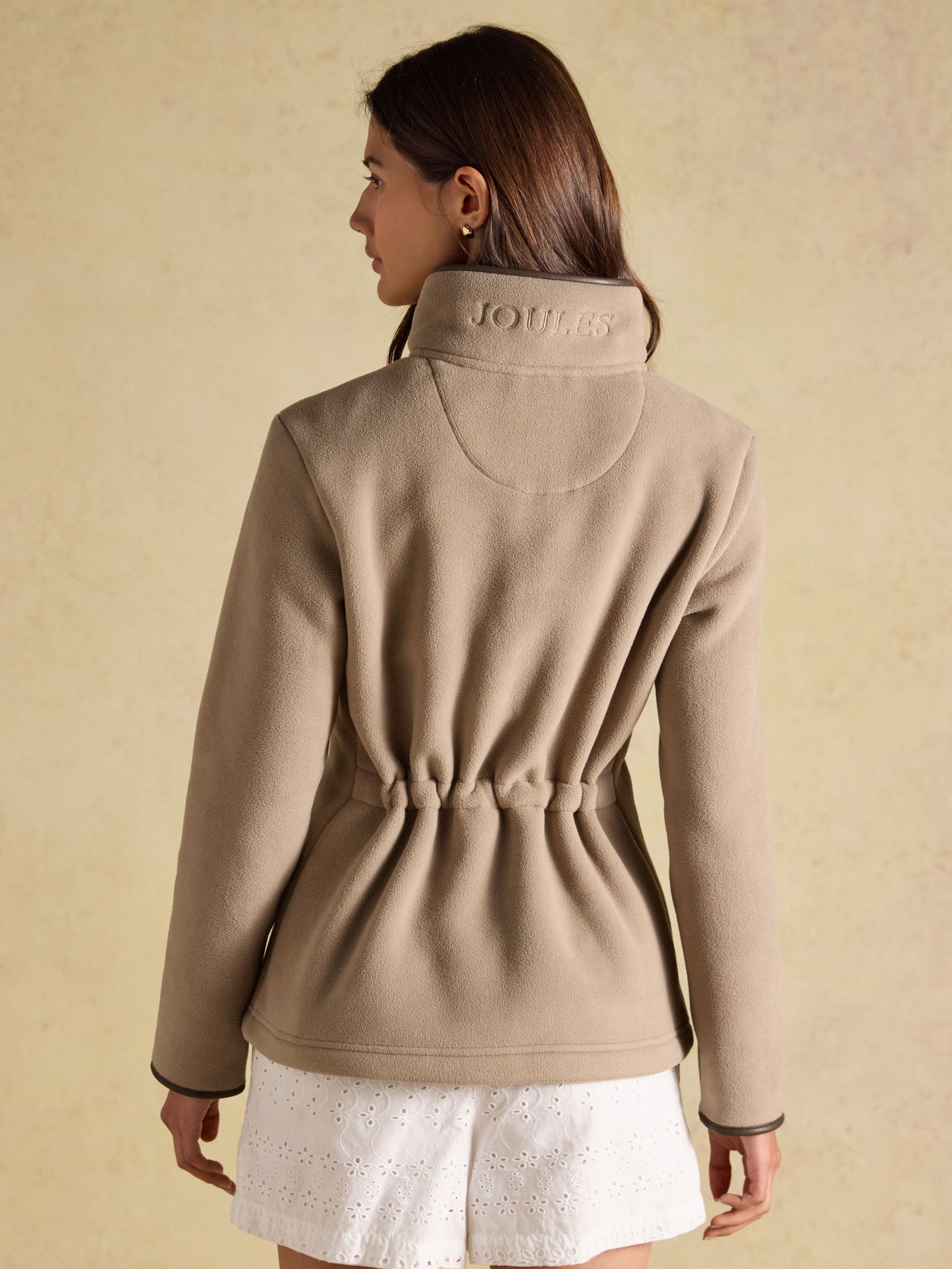 Joules women's brown polar fleece jacket with adjustable waist and logo detail - back view