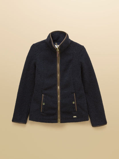 Joules Navy Borg Fleece Jacket | Women's Zip-Through Warm Winter Coat with Faux Leather Trim