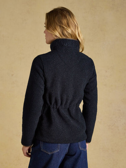 Women's navy Joules borg fleece jacket with zip-through and stand-up collar for warmth.