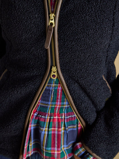 Joules women's navy plush borg fleece jacket with plaid lining & zip