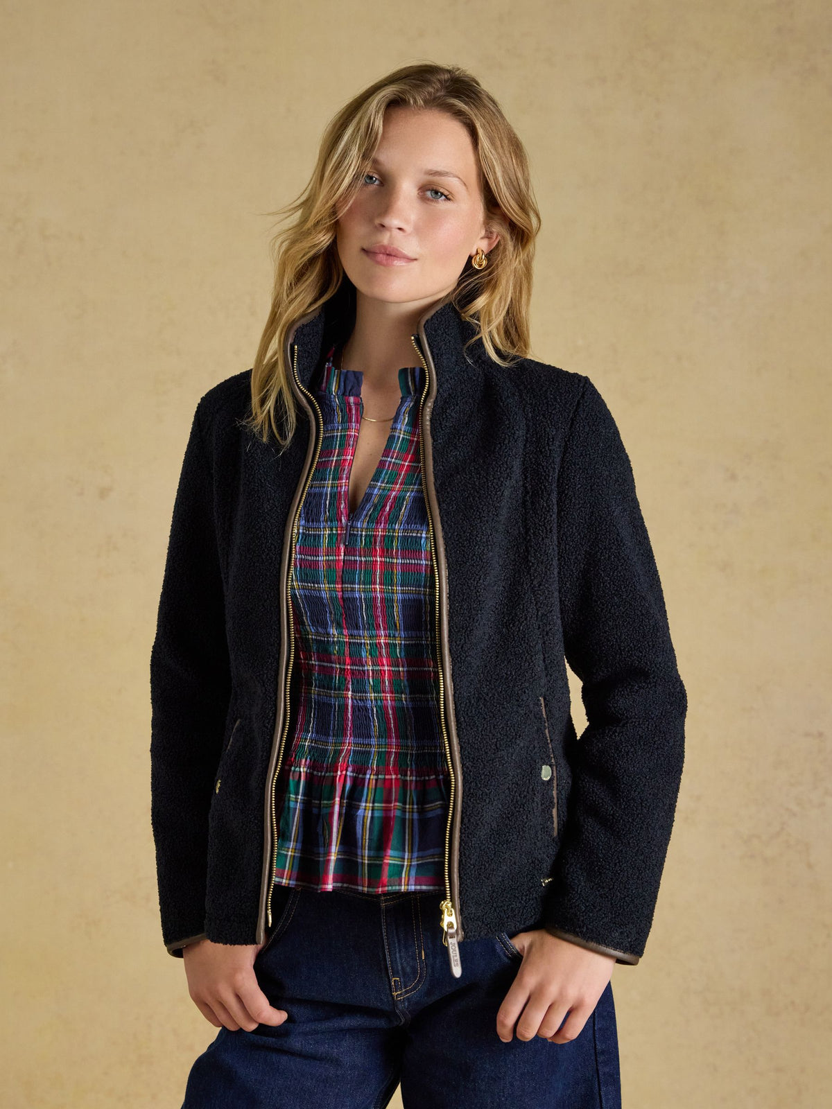 Joules Women's Navy Borg Fleece Zip Through Jacket - Cozy & Warm Outerwear