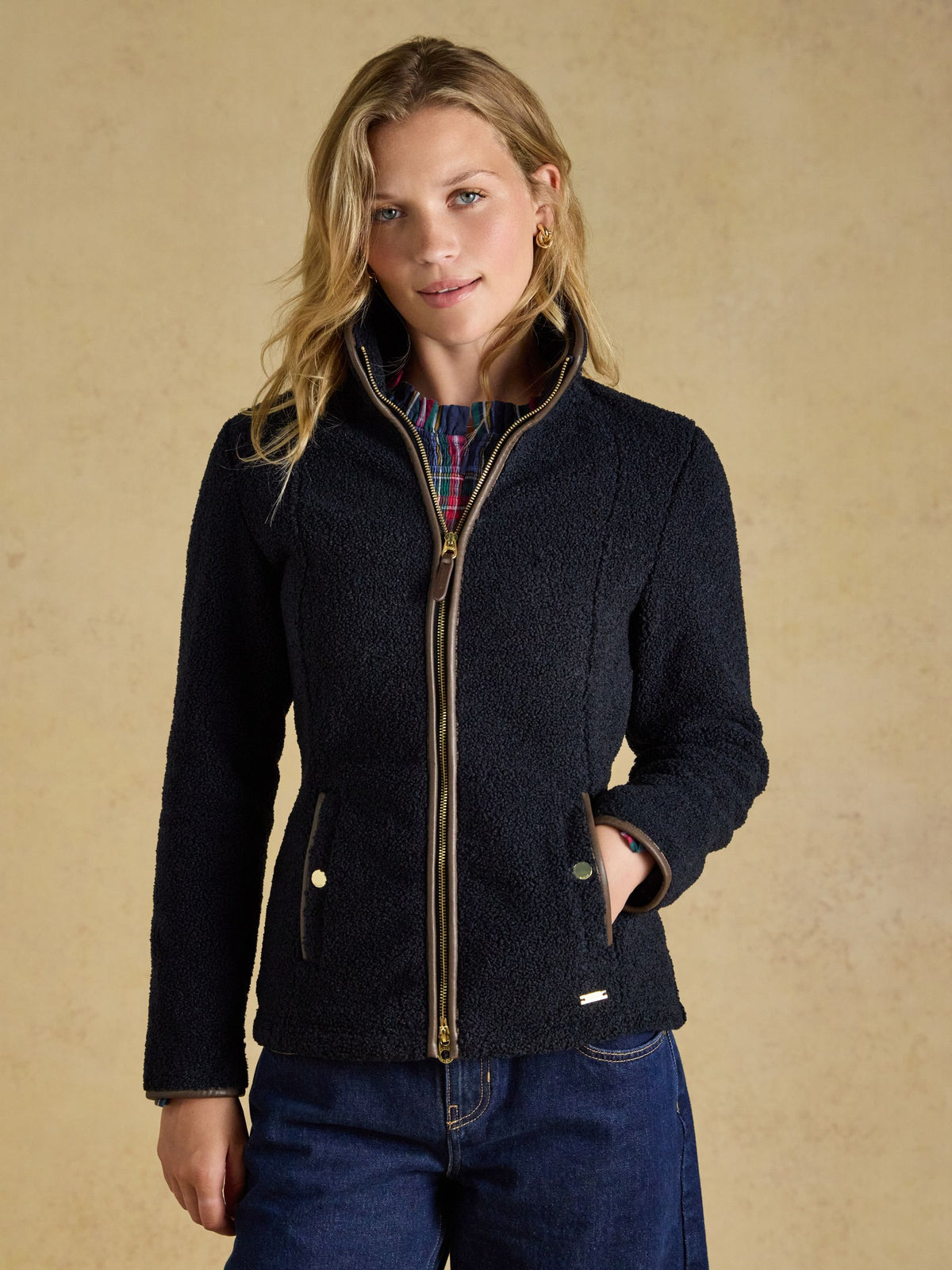 Joules Women's Navy Cozy Borg Fleece Zip-Through Jacket | Warm & Stylish Outerwear