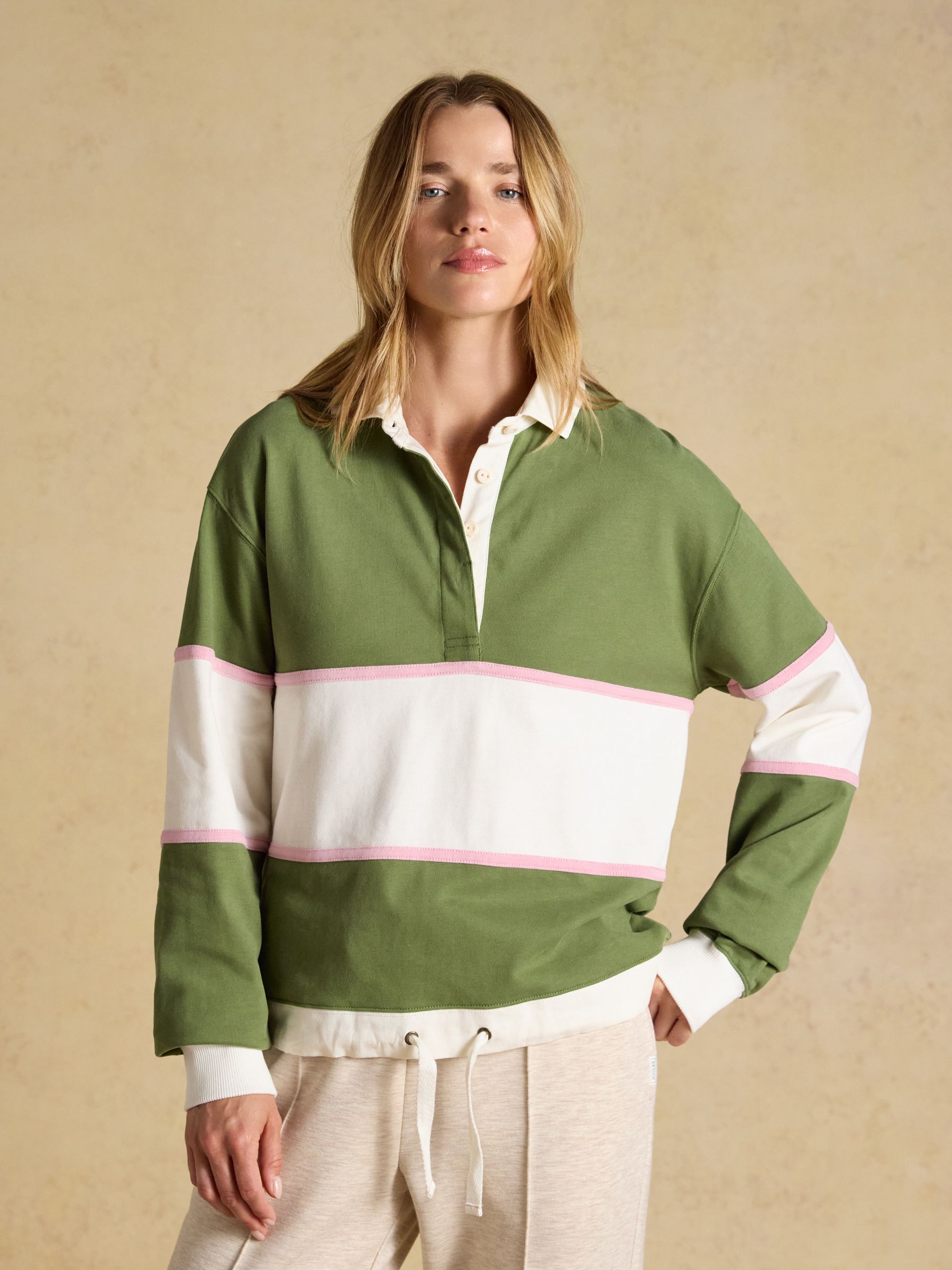 Women's green striped Joules cotton collared rugby shirt with adjustable hem