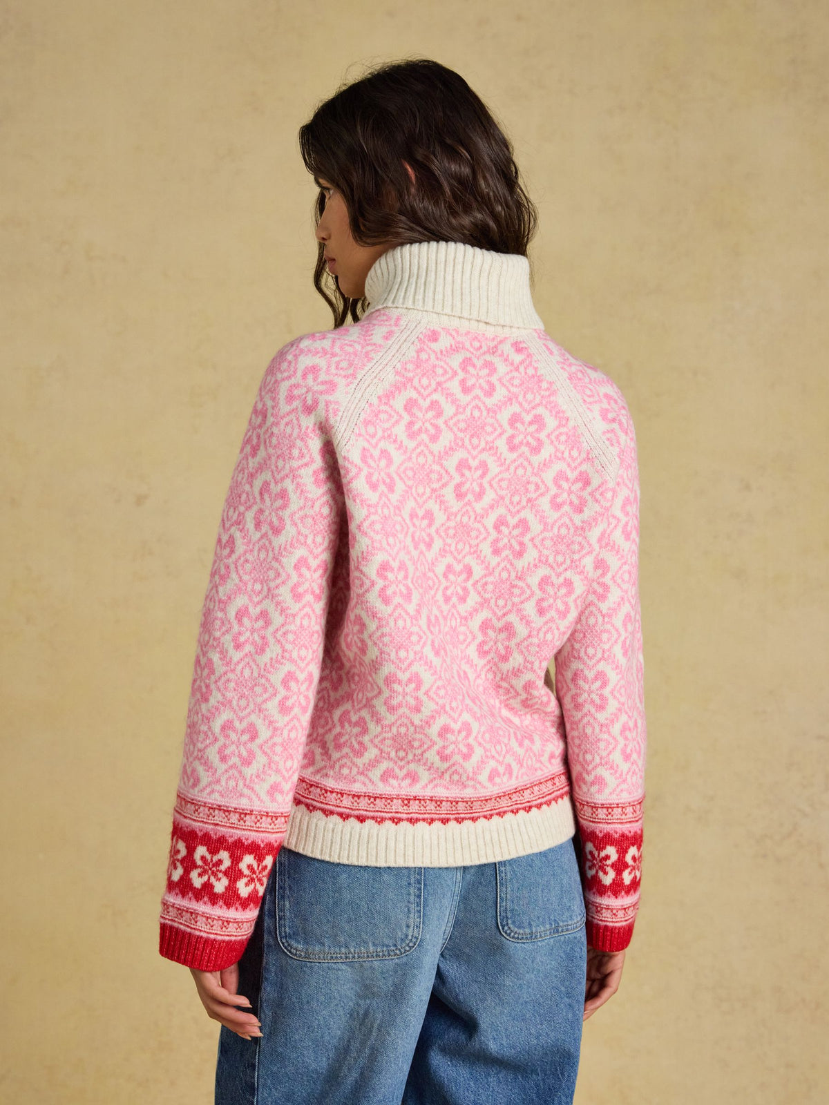 Women's pink fair isle knit jumper with detachable roll neck | Joules recycled wool blend