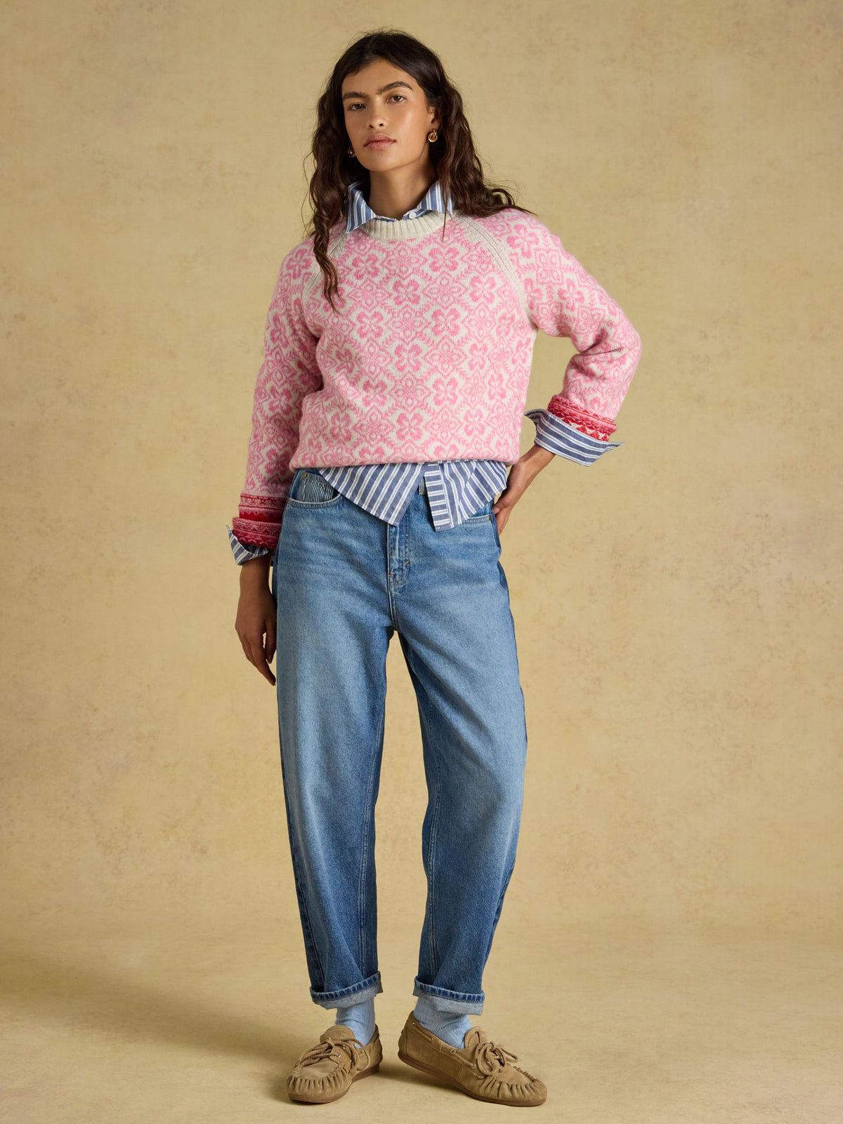 Women's pink fair isle knitted jumper by Joules with crew neck and relaxed fit.