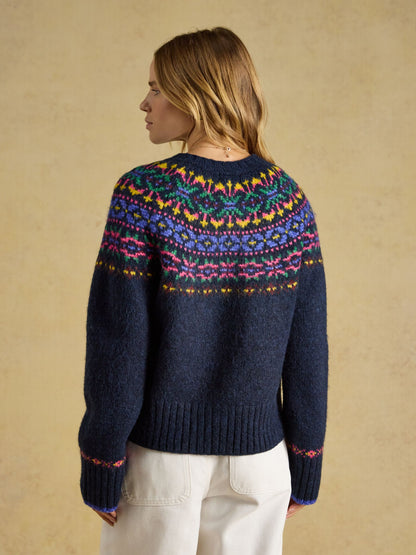 Women's navy Fair Isle wool blend knit sweater with colorful pattern