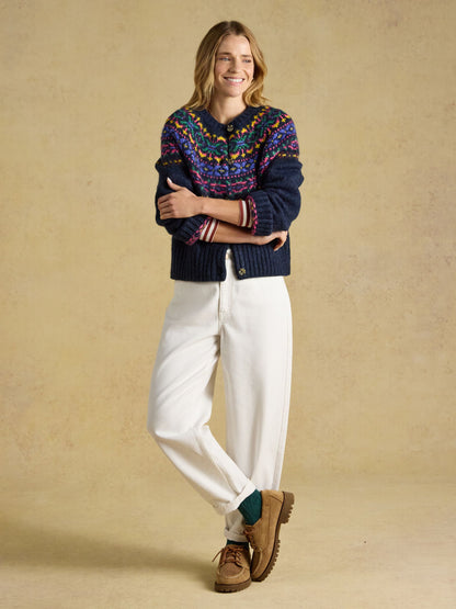 Joules Women's Navy Fair Isle Wool Blend Button-Up Cardigan | Cozy Traditional Knitwear