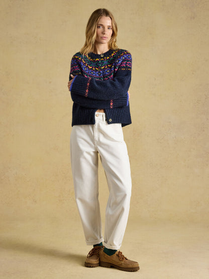 Joules Women's Fair Isle Navy Wool Blend Knit Cardigan | Cozy Button-Up Sweater