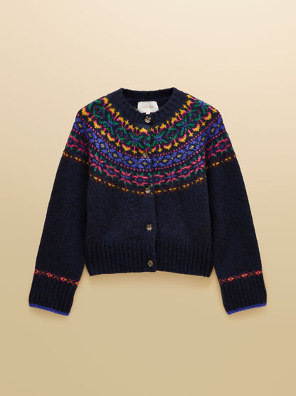 Joules Women's Navy Wool Blend Fair Isle Pattern Cardigan with Crew Neck and Button Front