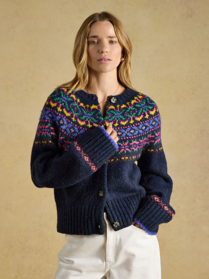 Women's Joules Navy Fair Isle Wool Blend Knitted Cardigan with Crew Neck and Button Front