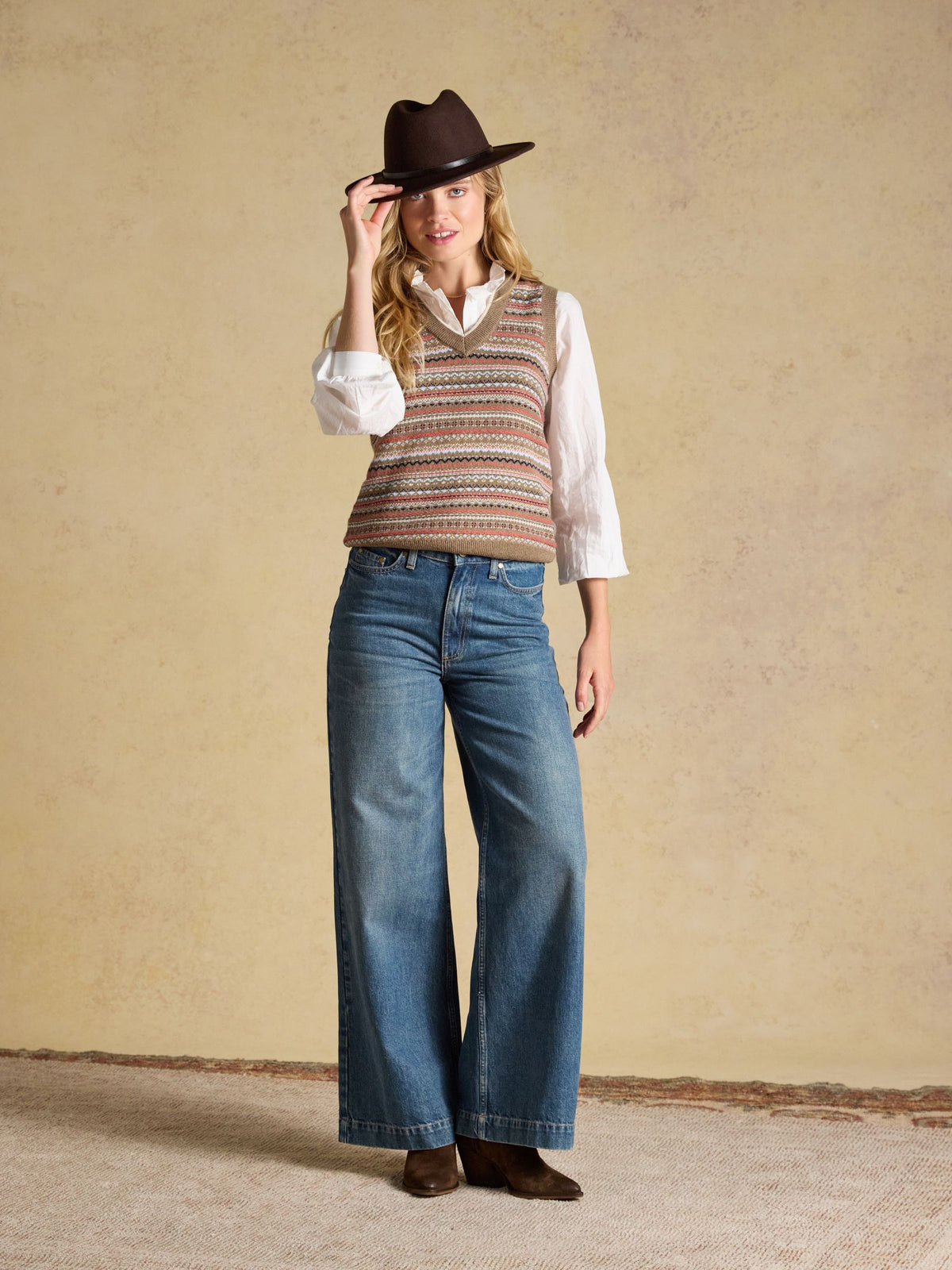 Women's Joules Tan Brown Fair Isle V-Neck Knitted Vest with Wide-Leg Jeans & Cowboy Hat